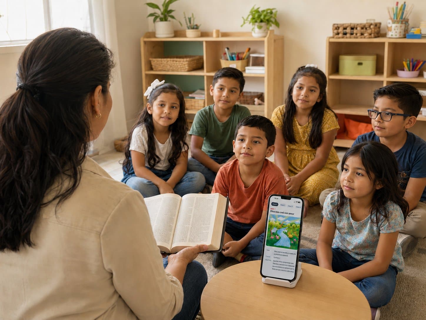 Maestra usando el app de Caminando con Dios · Escuelita Dominical mientras enseña a su clase