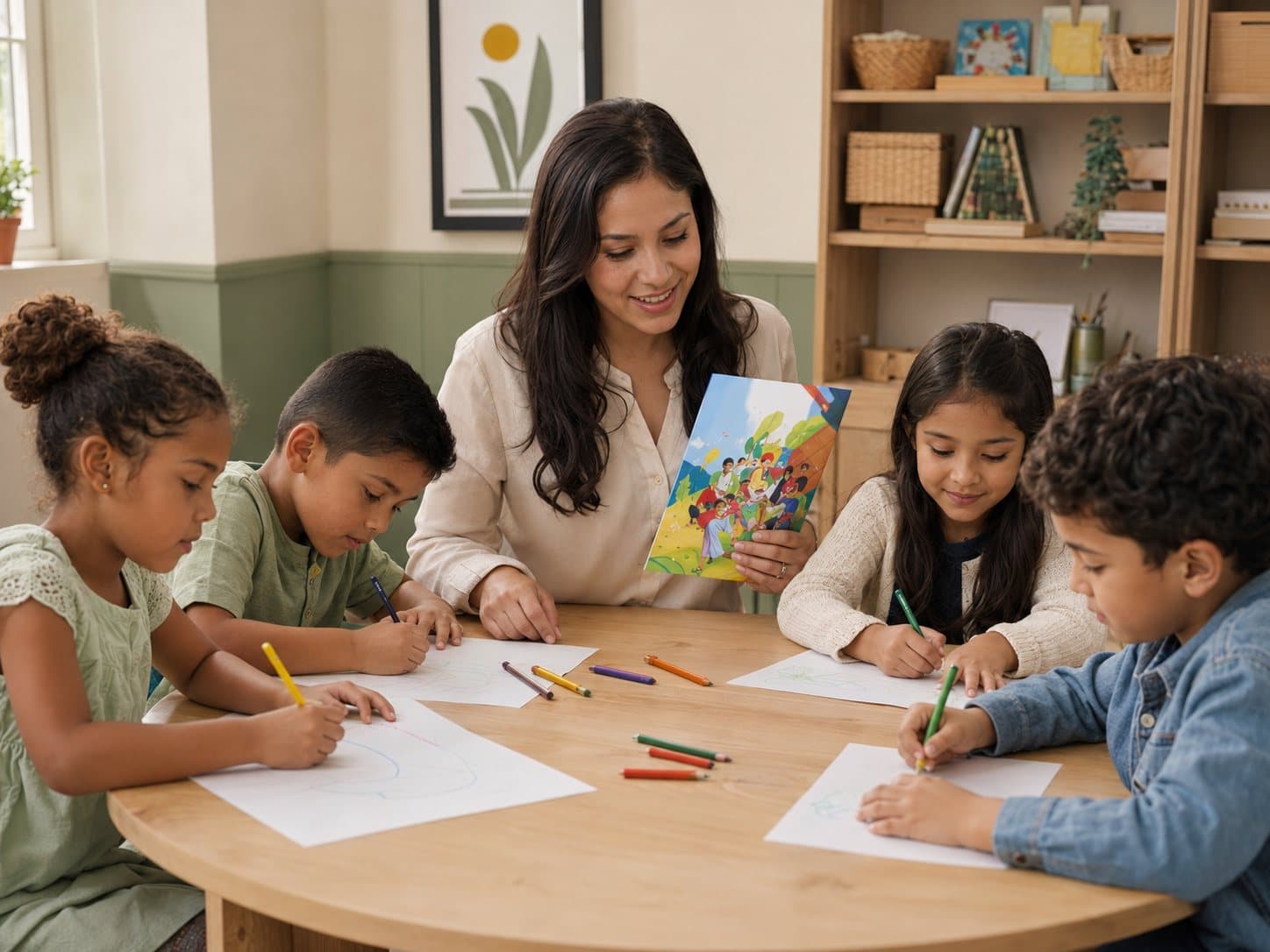Maestra guiando la clase de Escuelita Dominical con los niños