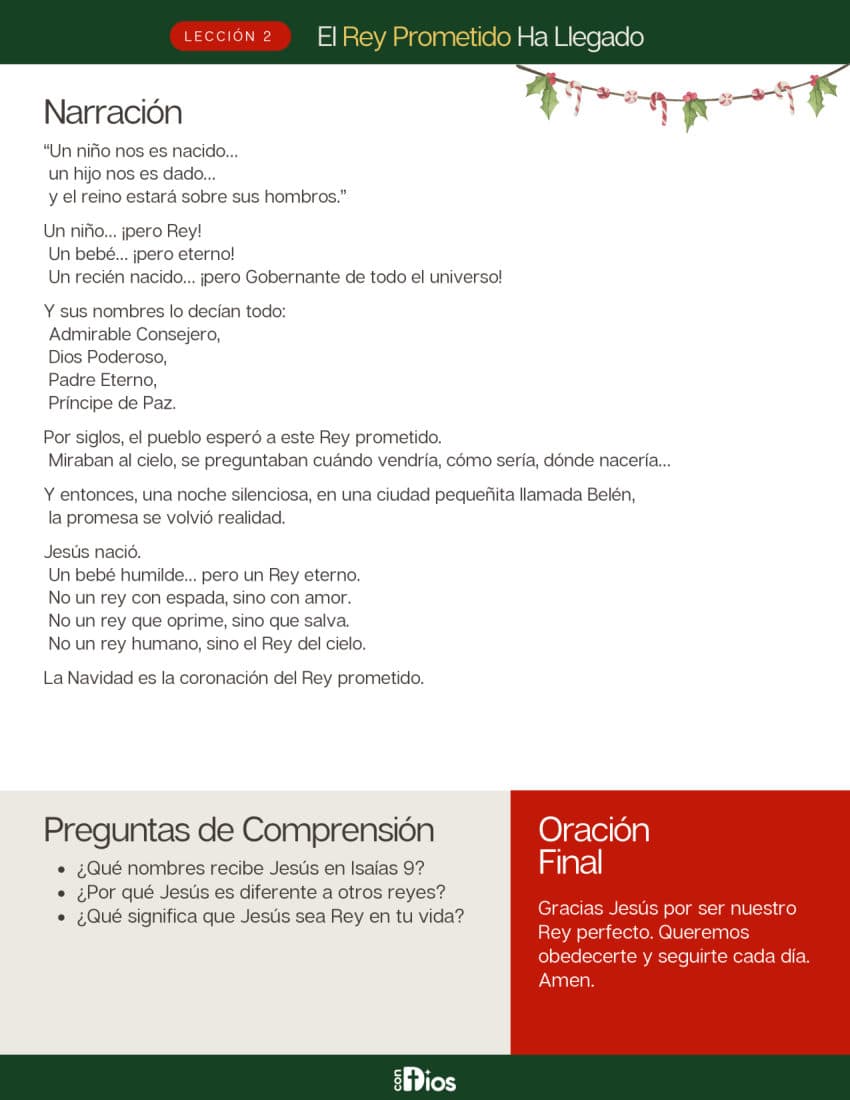 Narración, preguntas de comprensión y oración
