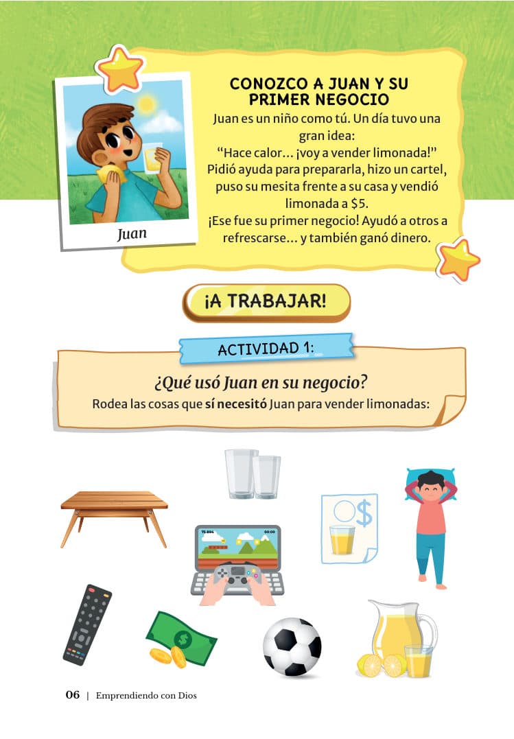 Actividades con personajes como Juan y Sofía