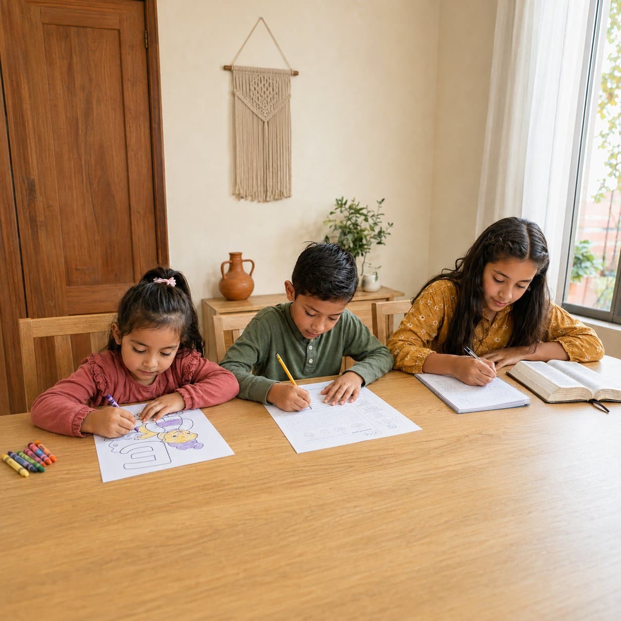 Tres niños de distintas edades trabajando en la actividad de su nivel