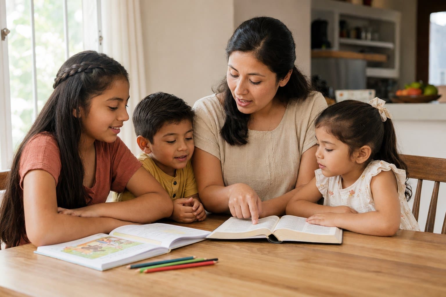 Una familia leyendo la Biblia y el devocional Caminando con Dios juntos
