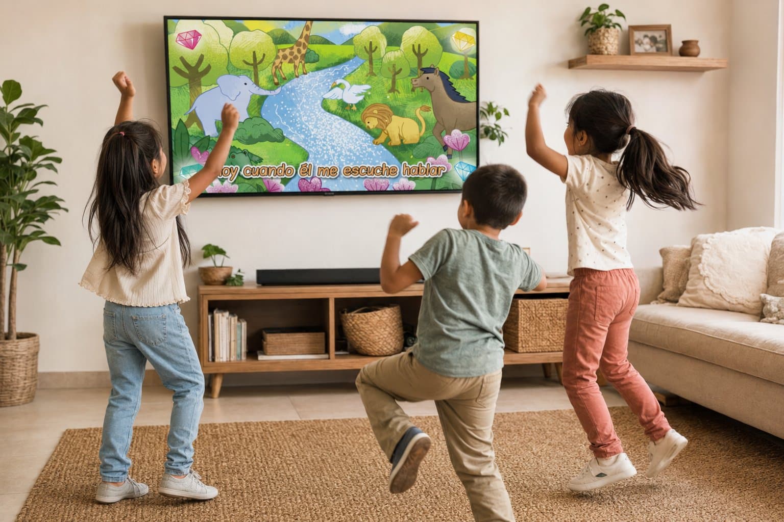Niños cantando y bailando la música de Caminando con Dios
