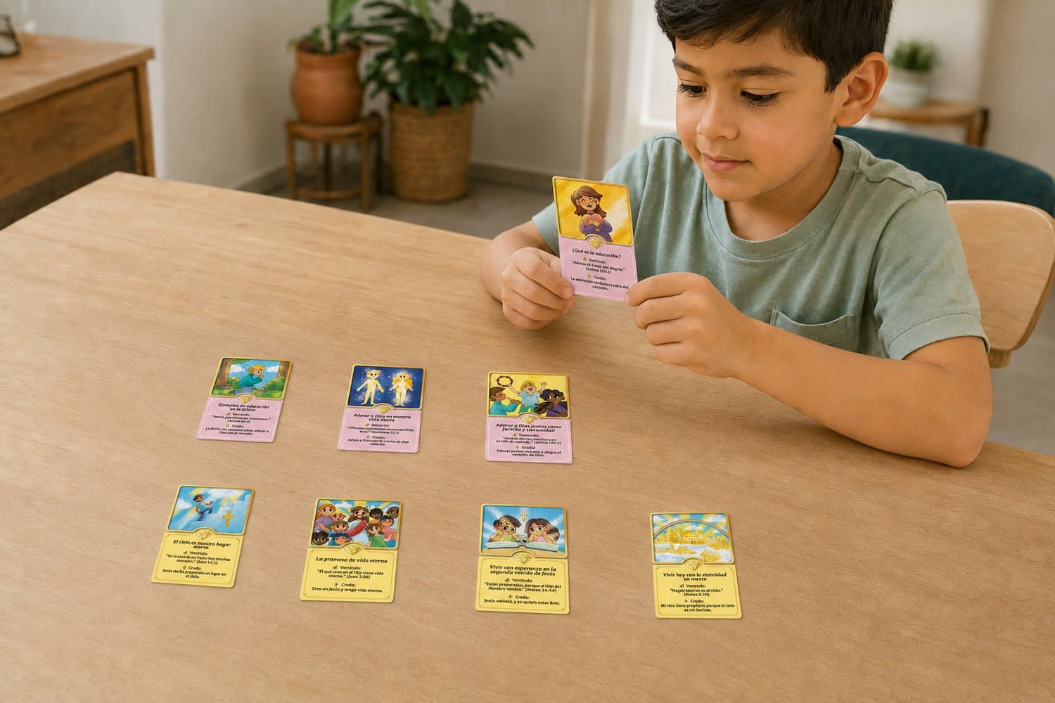 Niño repasando las tarjetas coleccionables y las gemas de Caminando con Dios